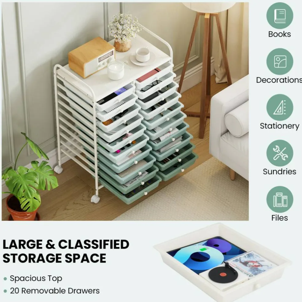 20 Drawer Storage Cart with Wheels, Rolling Organizer Cabinet with Clear Plastic Drawers, Multi Purpose Craft Supply Office Home Storage Organizer