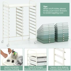 20 Drawer Storage Cart with Wheels, Rolling Organizer Cabinet with Clear Plastic Drawers, Multi Purpose Craft Supply Office Home Storage Organizer