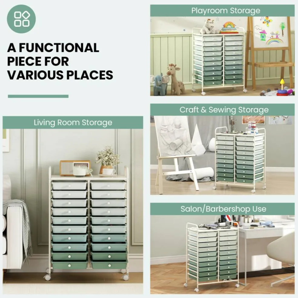 20 Drawer Storage Cart with Wheels, Rolling Organizer Cabinet with Clear Plastic Drawers, Multi Purpose Craft Supply Office Home Storage Organizer