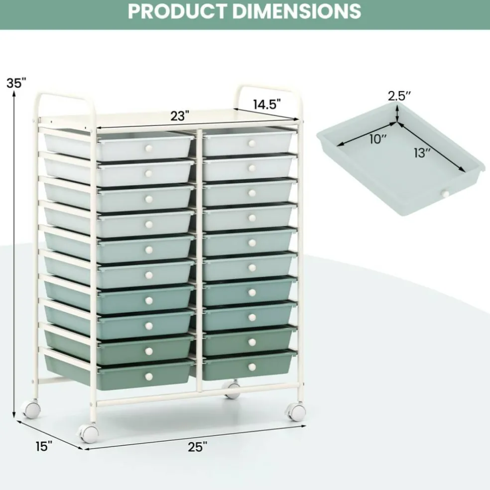 20 Drawer Storage Cart with Wheels, Rolling Organizer Cabinet with Clear Plastic Drawers, Multi Purpose Craft Supply Office Home Storage Organizer
