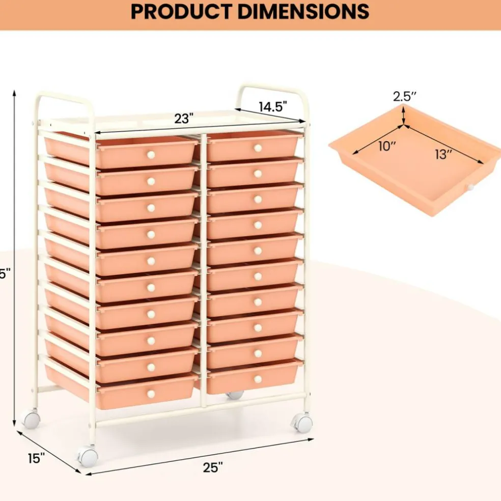20 Drawer Storage Cart with Wheels, Rolling Organizer Cabinet with Clear Plastic Drawers, Multi Purpose Craft Supply Office Home Storage Organizer