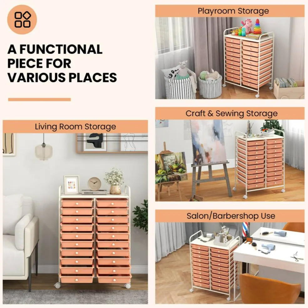 20 Drawer Storage Cart with Wheels, Rolling Organizer Cabinet with Clear Plastic Drawers, Multi Purpose Craft Supply Office Home Storage Organizer