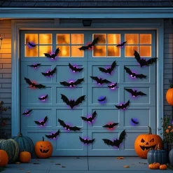 DR.DUDU 36 Pack Halloween Bats Wall Decor – Lighted 3D Bat Stickers Assorted Size for Halloween Party, Bedroom Window Decorations, Indoor and Outdoor Home Decals