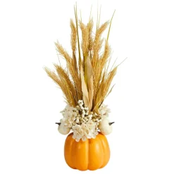 21" Dried Wheat And Pumpkin Fall Arrangement In Pumpkin Vase