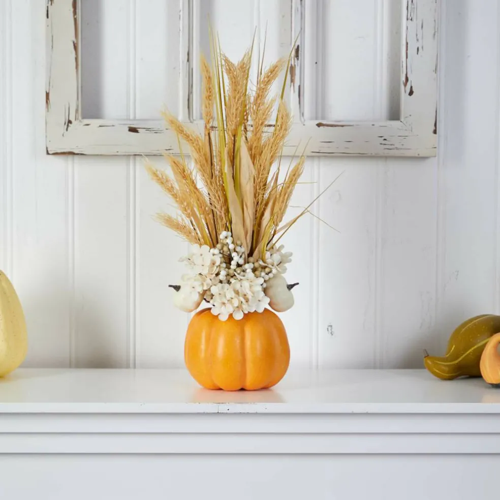 21" Dried Wheat And Pumpkin Fall Arrangement In Pumpkin Vase