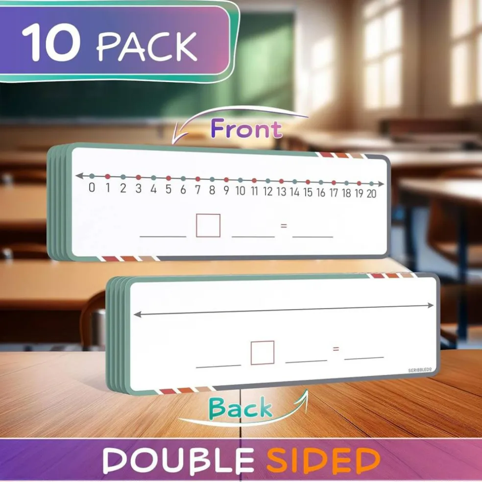 Dry Erase Number Line Sheets 4”x12” – Reusable Flexible Whiteboard Math Manipulatives for Fractions & Number Practice (10-Pack Classroom Set)