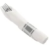 Durable Silver Plastic Cutlery in White Napkin Rolls Set - (100 Guests)