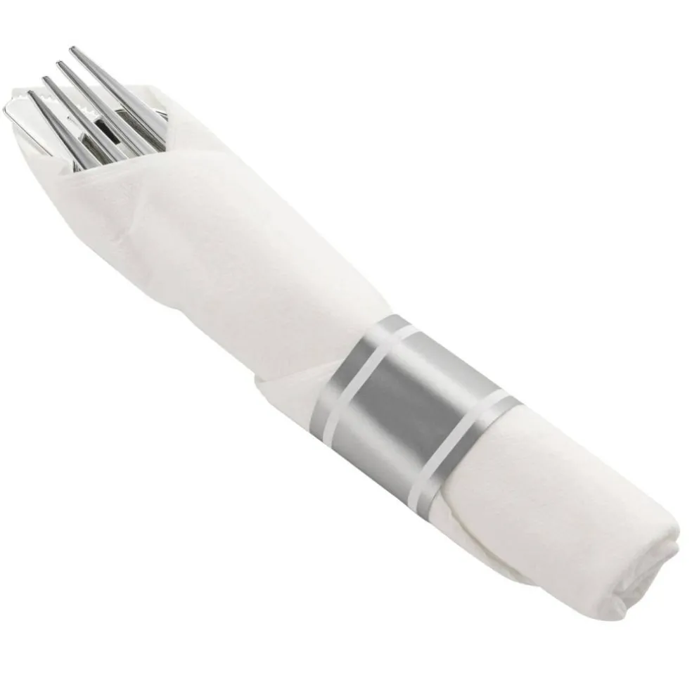 Durable Silver Plastic Cutlery in White Napkin Rolls Set - (100 Guests)