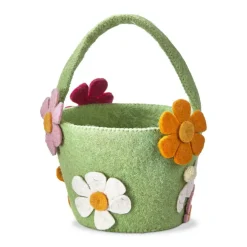 Easter Felt Bunny and Flowers Children's Egg Treat Basket Green, 7L x 8W x 10H Inches