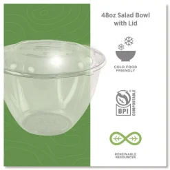 Eco-Products 48 oz. Renewable and Compostable Plastic Salad Bowls with Lids - Clear (150/Carton)