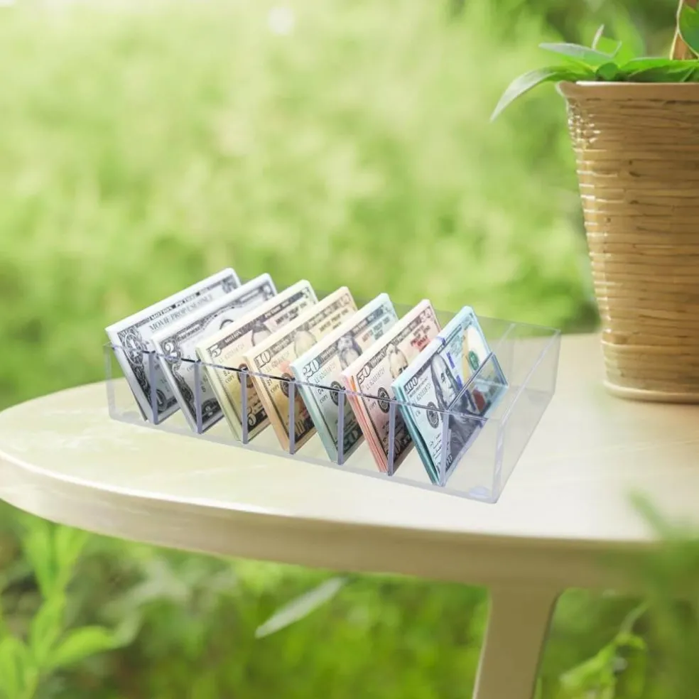 Edge Collections - White - 8 Compartment Transparent Acrylic Money Organizer for Cash - 1 Piece
