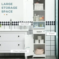 Edge Collections - White - Slim Bathroom Linen Storage Cabinet with Open Shelf, Drawer & Adjustable Shelves - 1 Piece