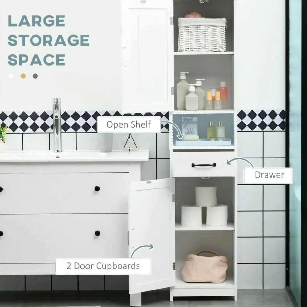 Edge Collections - White - Slim Bathroom Linen Storage Cabinet with Open Shelf, Drawer & Adjustable Shelves - 1 Piece