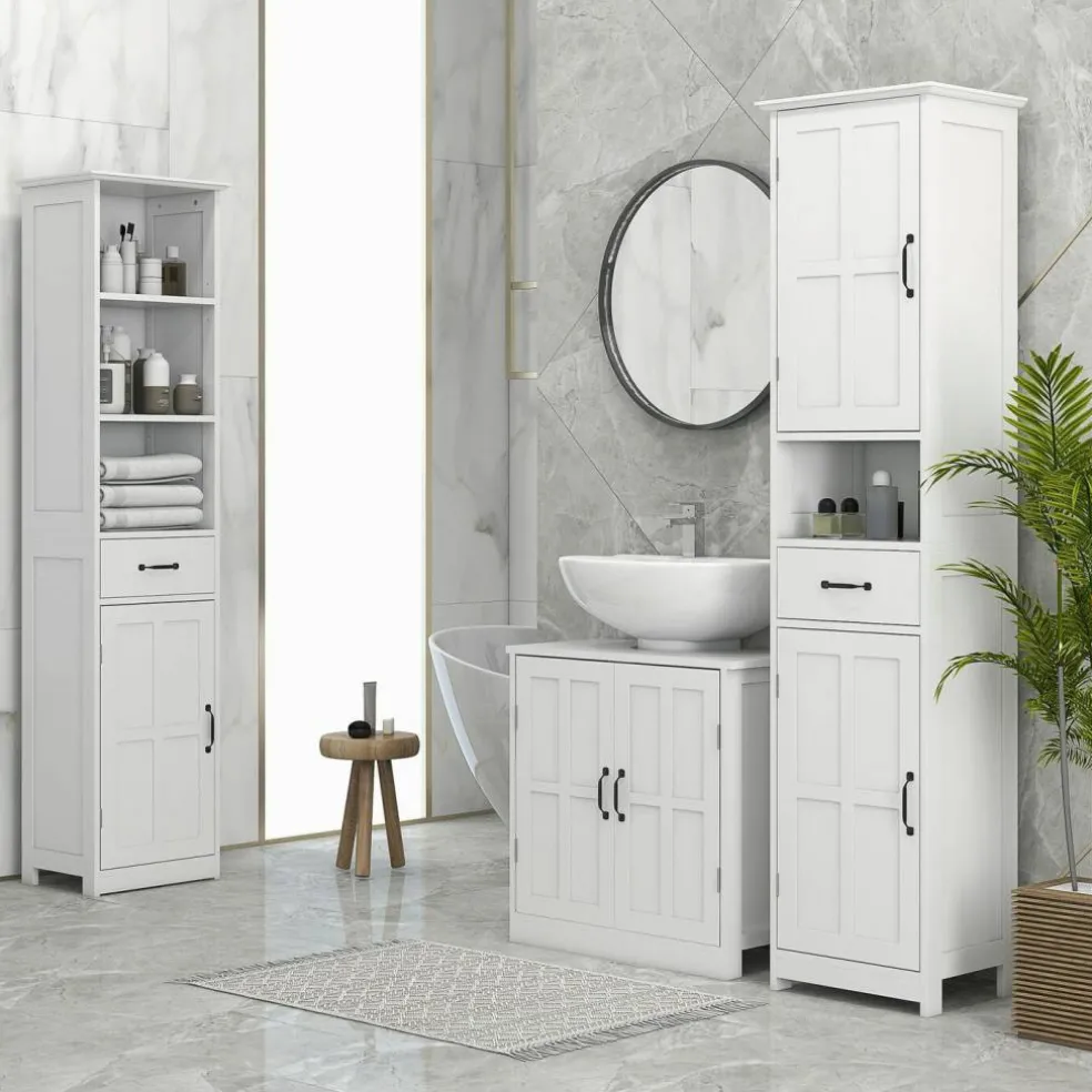 Edge Collections - White - Slim Bathroom Linen Storage Cabinet with Open Shelf, Drawer & Adjustable Shelves - 1 Piece