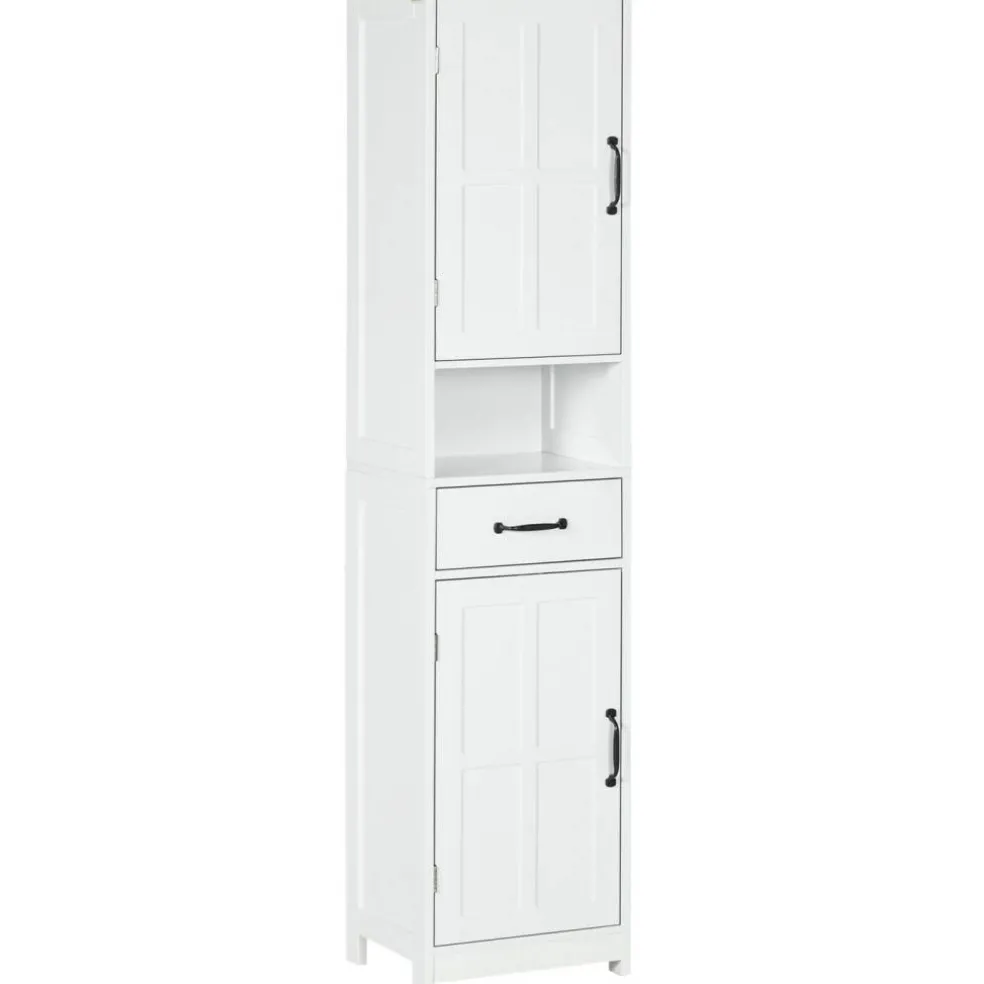 Edge Collections - White - Slim Bathroom Linen Storage Cabinet with Open Shelf, Drawer & Adjustable Shelves - 1 Piece