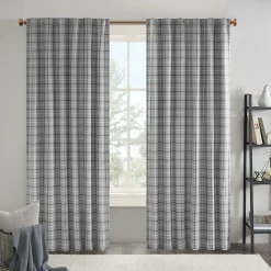 Edge Collections - 50" x 84" - Gray - Plaid Charcoal Faux Leather Tab Top Curtain Panel with Fleece Lining - 1 Piece