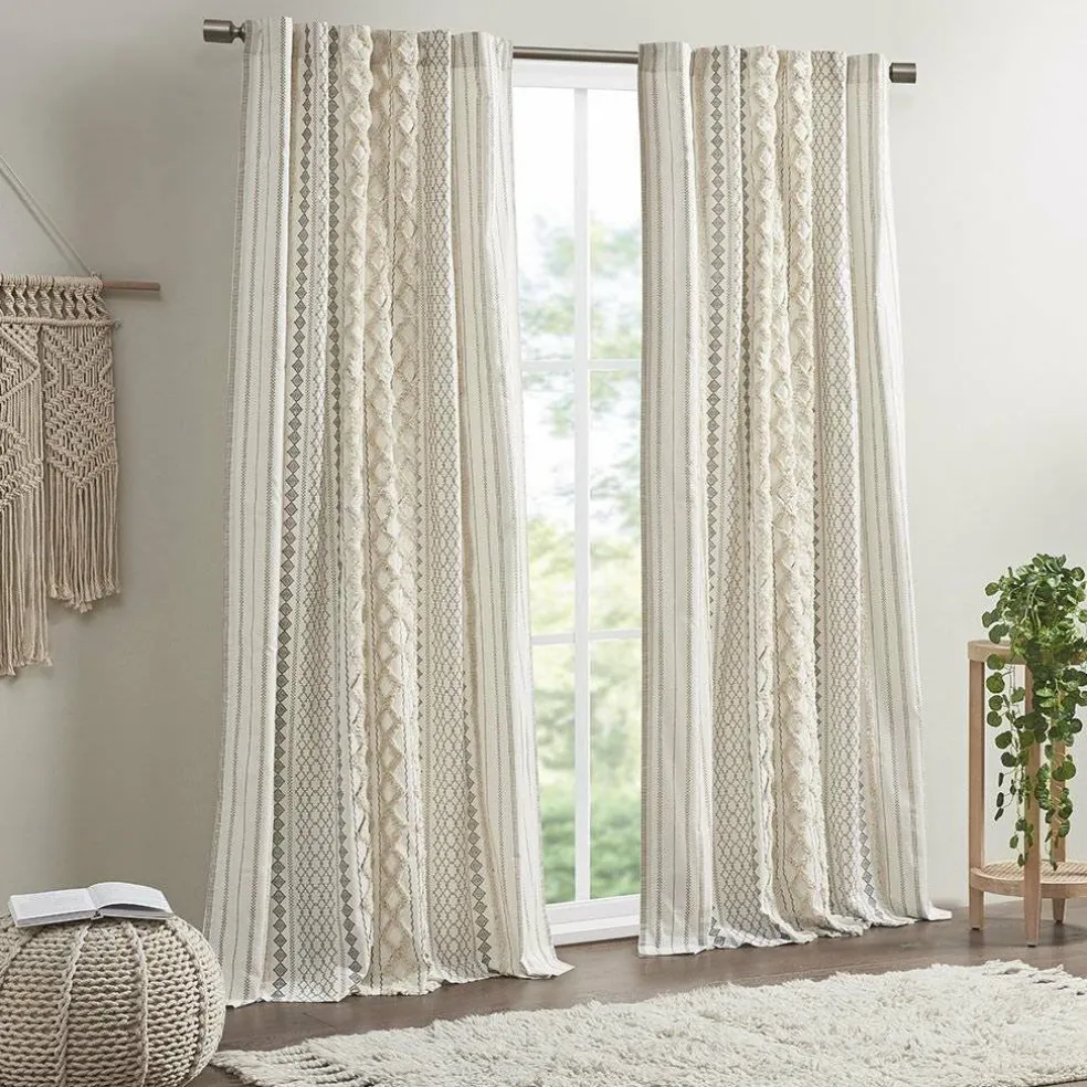 Edge Collections - 50" x 95" - Ivory - Cotton Printed Curtain Panel with Chenille Stripe Lining - 1 Piece