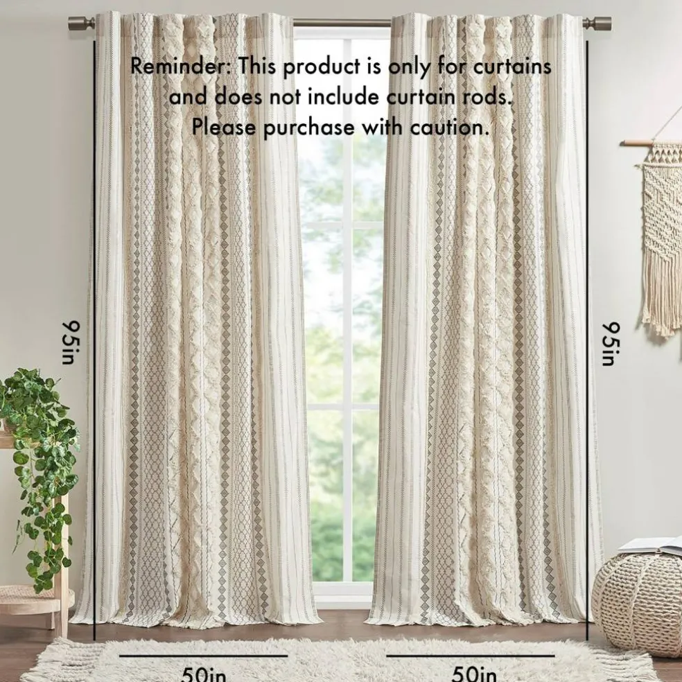 Edge Collections - 50" x 95" - Ivory - Cotton Printed Curtain Panel with Chenille Stripe Lining - 1 Piece