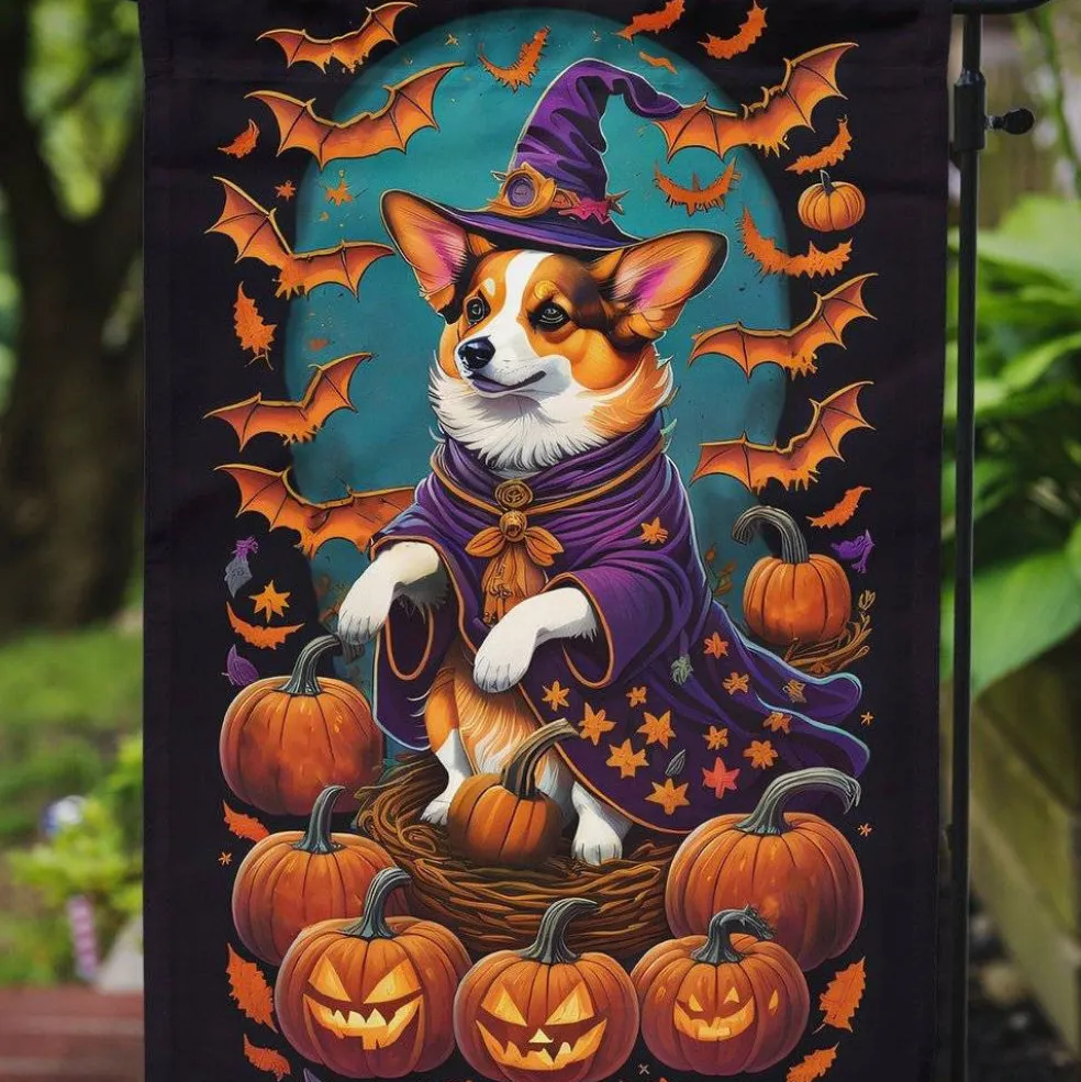 Edge Collections - 11 1/4" X 15 1/2" - Multicolor - Garden Corgi Witchy Halloween Flag - 1 Piece
