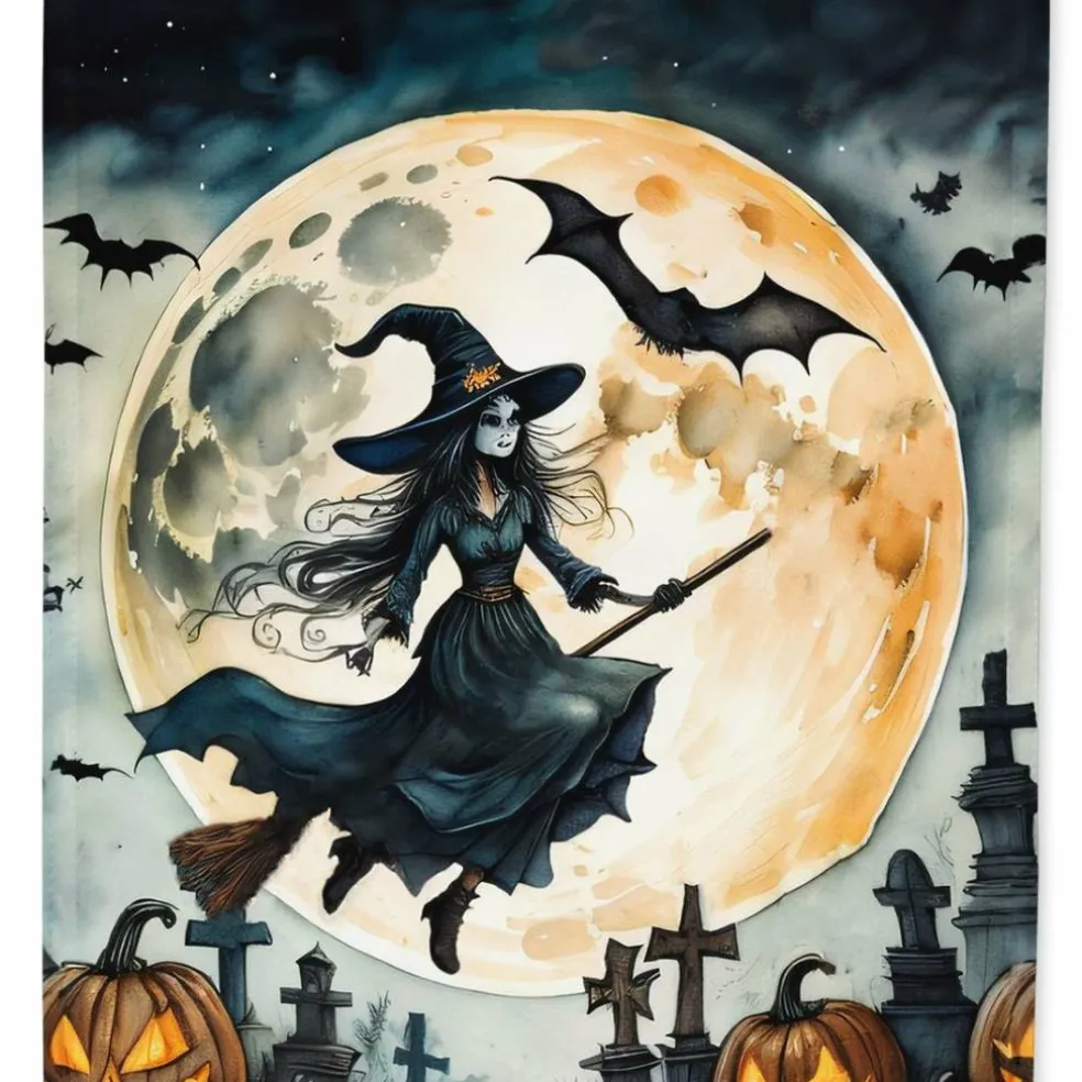 Edge Collections - 11 1/4" X 15 1/2" - Multicolor - Flying Witch Halloween Garden Flag - 1 Piece