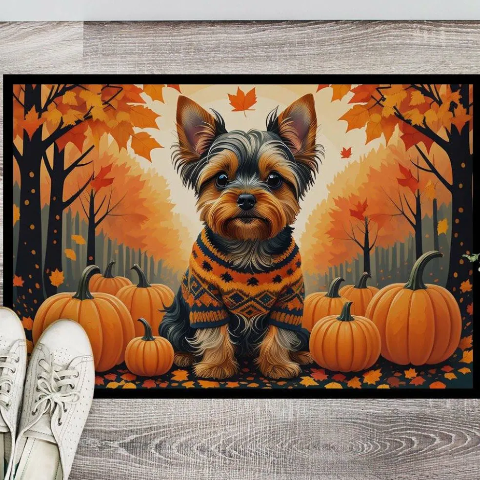 Edge Collections - 24" x 36" - Multicolor - Yorkshire Terrier Fall Doormat Non Slip Washable Rug - 1 Piece