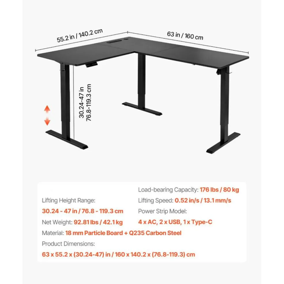 Electric Adjustable L Shaped Desk with Power Strip for Home Office