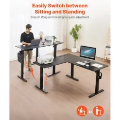 Electric Adjustable L Shaped Desk with Power Strip for Home Office