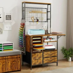 ELECWISH Craft Organizers and Storage Cabinet Brown Craft Table with Drawer Sewing Table with Fold Out Craft Desk for Vinyl Roll Holder for Craft Room