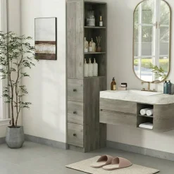 ELECWISH Tall Narrow Free Standing Bathroom Storage Cabinet with 3-Level Adjustable Shelves Home - Space Saver for Living Room Kitchen - Classic Black