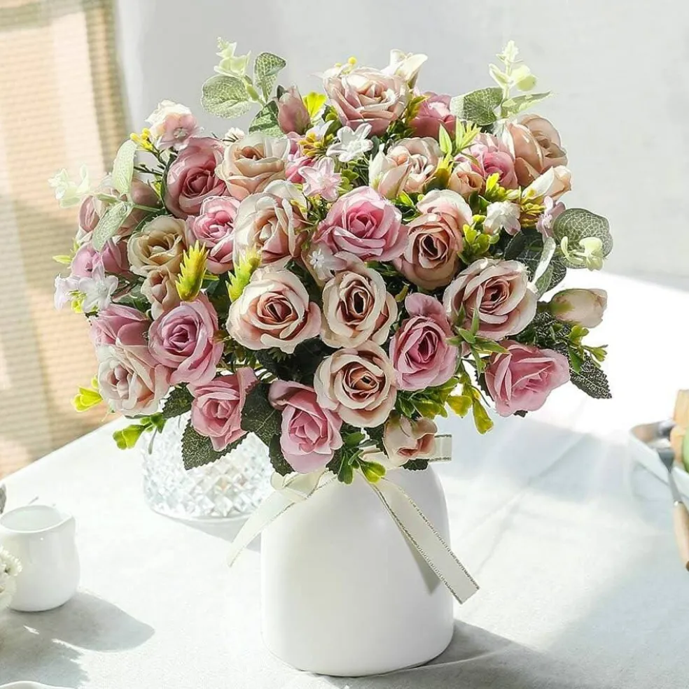 Elegant Artificial Silk Rose Bouquet with Vase – Perfect for Home, Office & Event Décor