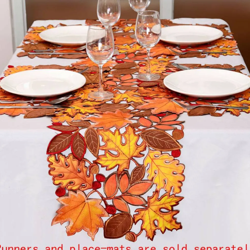 Embroidered Fall Leaves Table Runner for Thanksgiving, Autumn Harvest Decorations (14 × 68 inches)