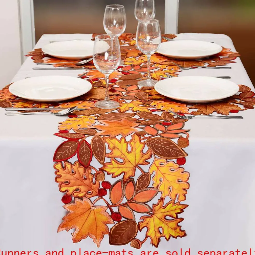 Embroidered Fall Leaves Table Runner for Thanksgiving, Autumn Harvest Decorations (14 × 68 inches)