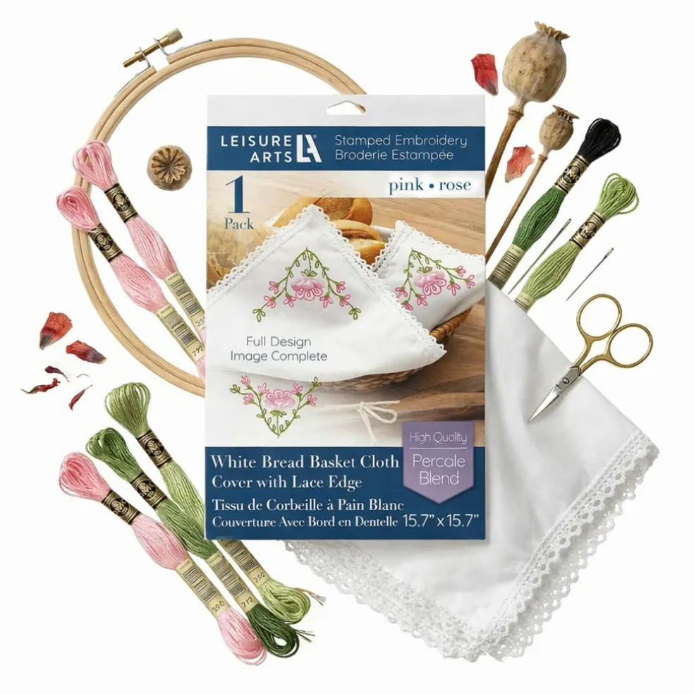 Embroidery Patterns Bread Basket Cloth 15.7X15.7 Pink Tea Towels Stamp