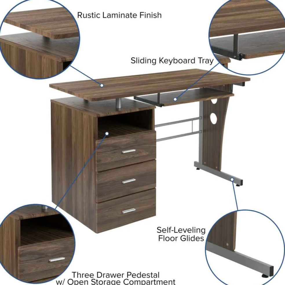Emma and Oliver Desk with Three Drawer Single Pedestal and Pull-Out Keyboard Tray