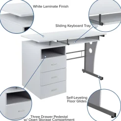 Emma and Oliver Desk with Three Drawer Single Pedestal and Pull-Out Keyboard Tray