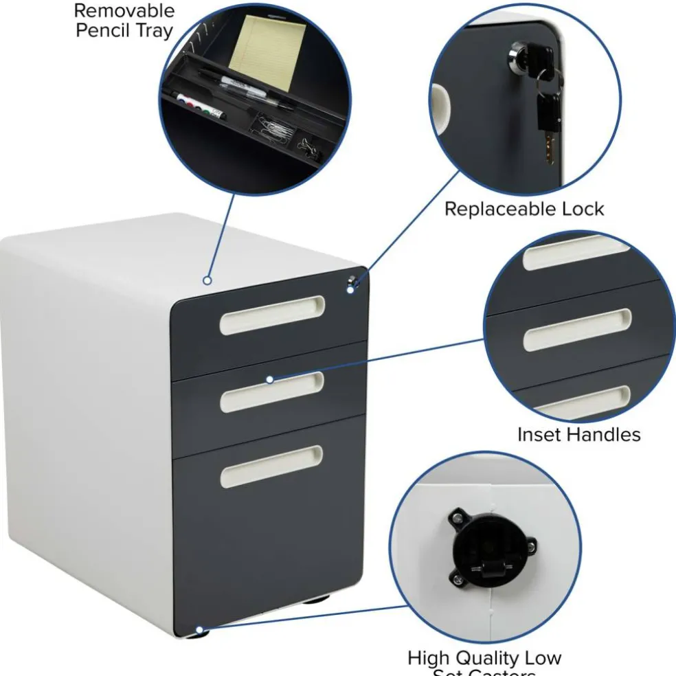 Emma and Oliver Ergonomic 3-Drawer Mobile Locking Filing Cabinet Storage Organizer