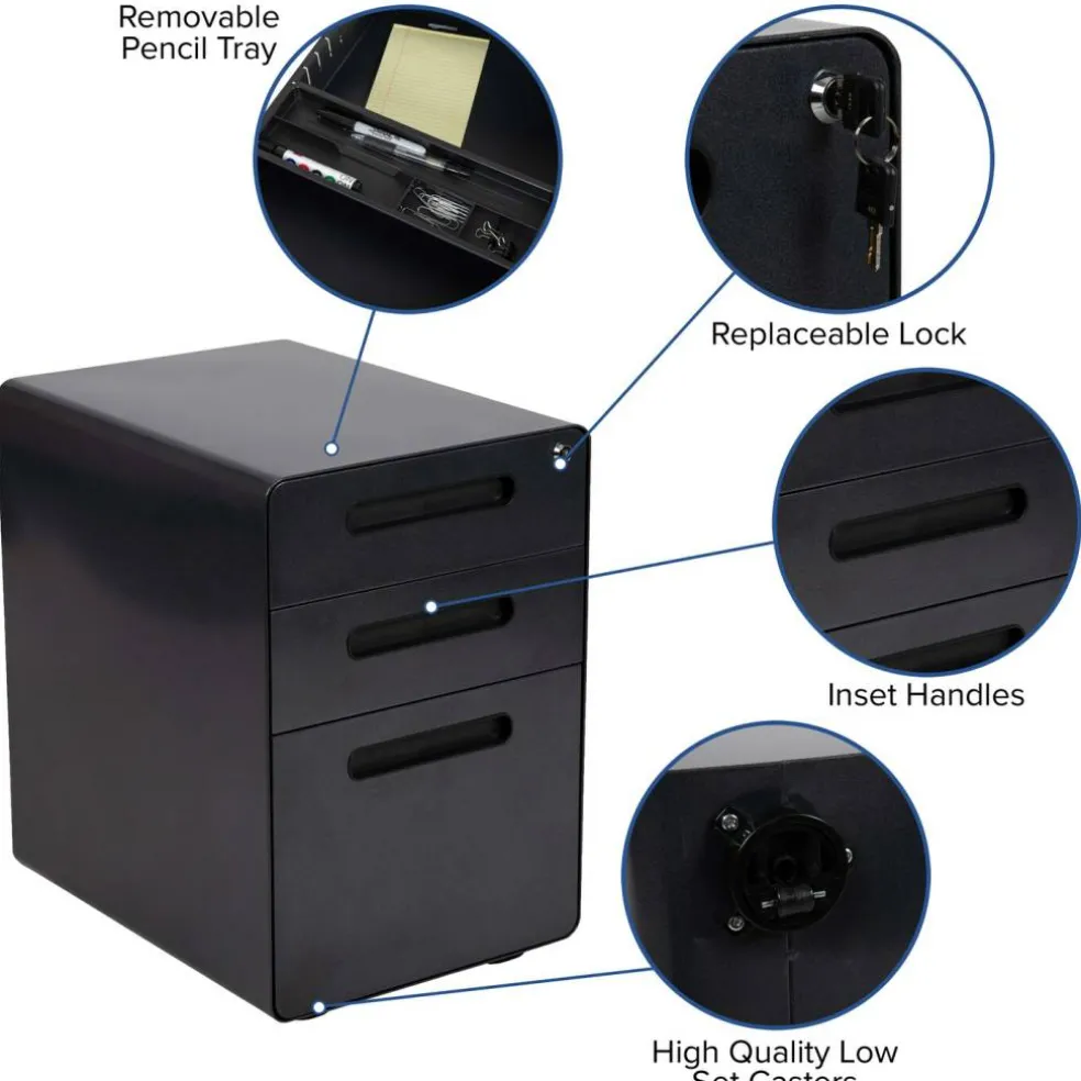 Emma and Oliver Ergonomic 3-Drawer Mobile Locking Filing Cabinet Storage Organizer