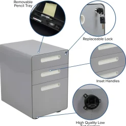 Emma and Oliver Ergonomic 3-Drawer Mobile Locking Filing Cabinet Storage Organizer