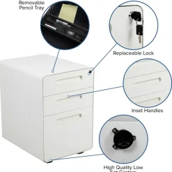 Emma and Oliver Ergonomic 3-Drawer Mobile Locking Filing Cabinet Storage Organizer