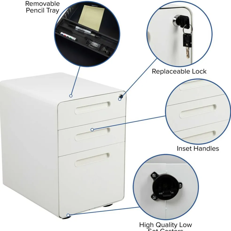Emma and Oliver Ergonomic 3-Drawer Mobile Locking Filing Cabinet Storage Organizer