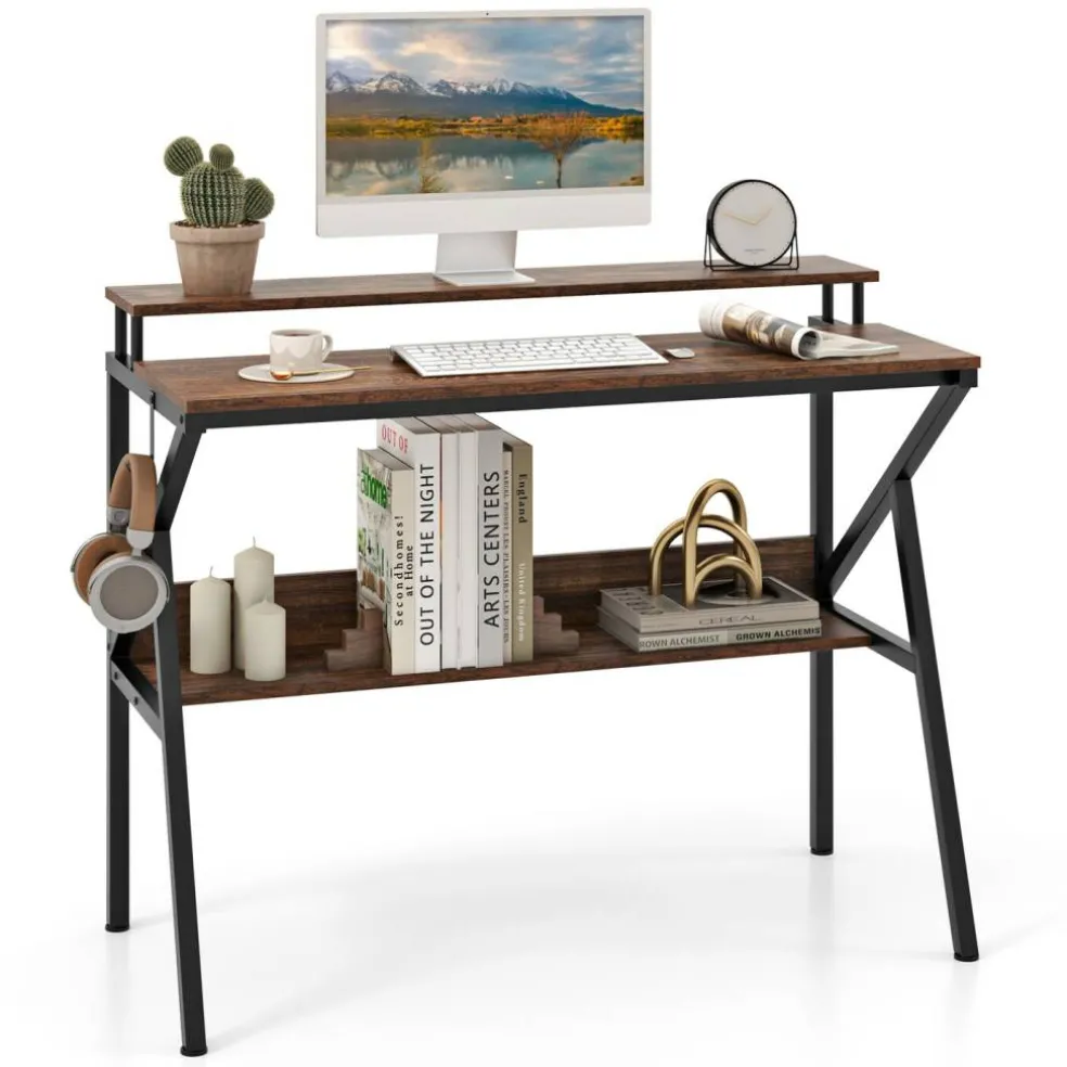 Engineered Wood Computer Desk with Metal Frame and Shelves