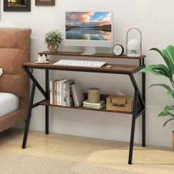 Engineered Wood Computer Desk with Metal Frame and Shelves
