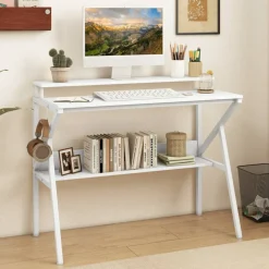 Engineered Wood Computer Desk with Metal Frame and Shelves