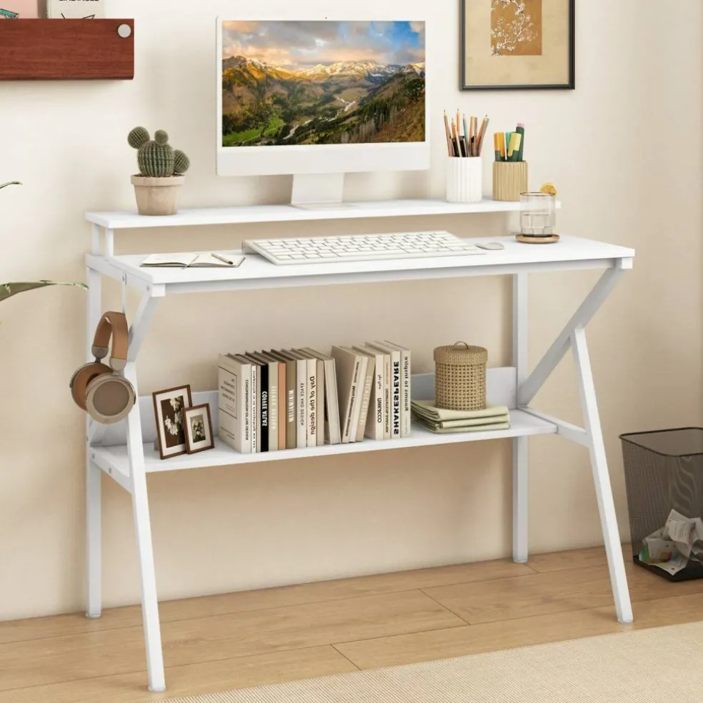 Engineered Wood Computer Desk with Metal Frame and Shelves