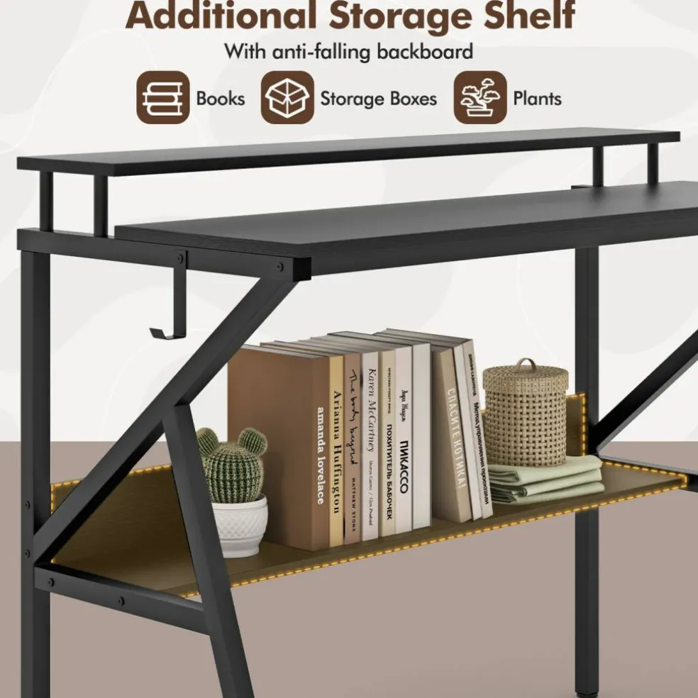 Engineered Wood Computer Desk with Metal Frame and Shelves