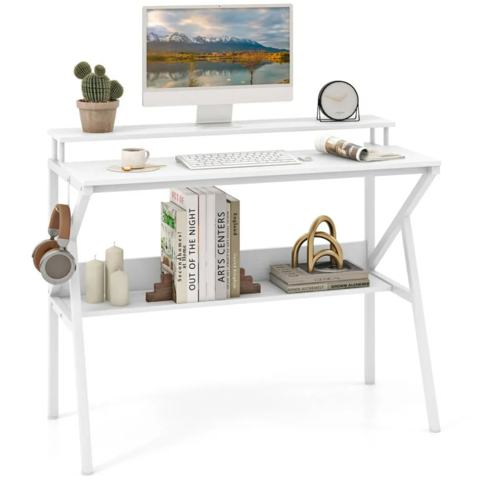 Engineered Wood Computer Desk with Metal Frame and Shelves