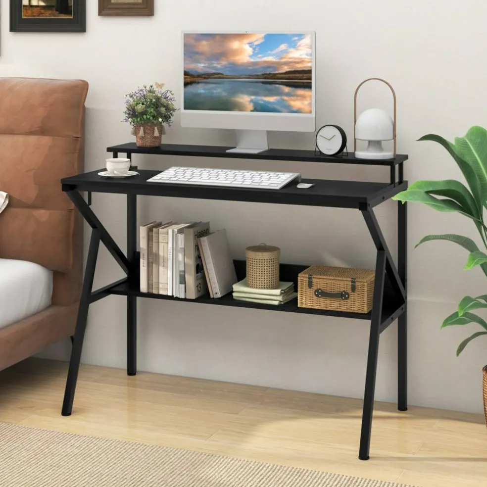 Engineered Wood Computer Desk with Metal Frame and Shelves