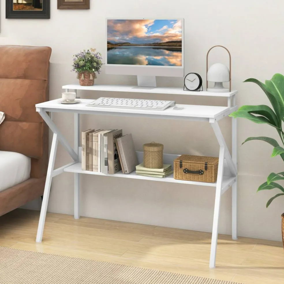 Engineered Wood Computer Desk with Metal Frame and Shelves
