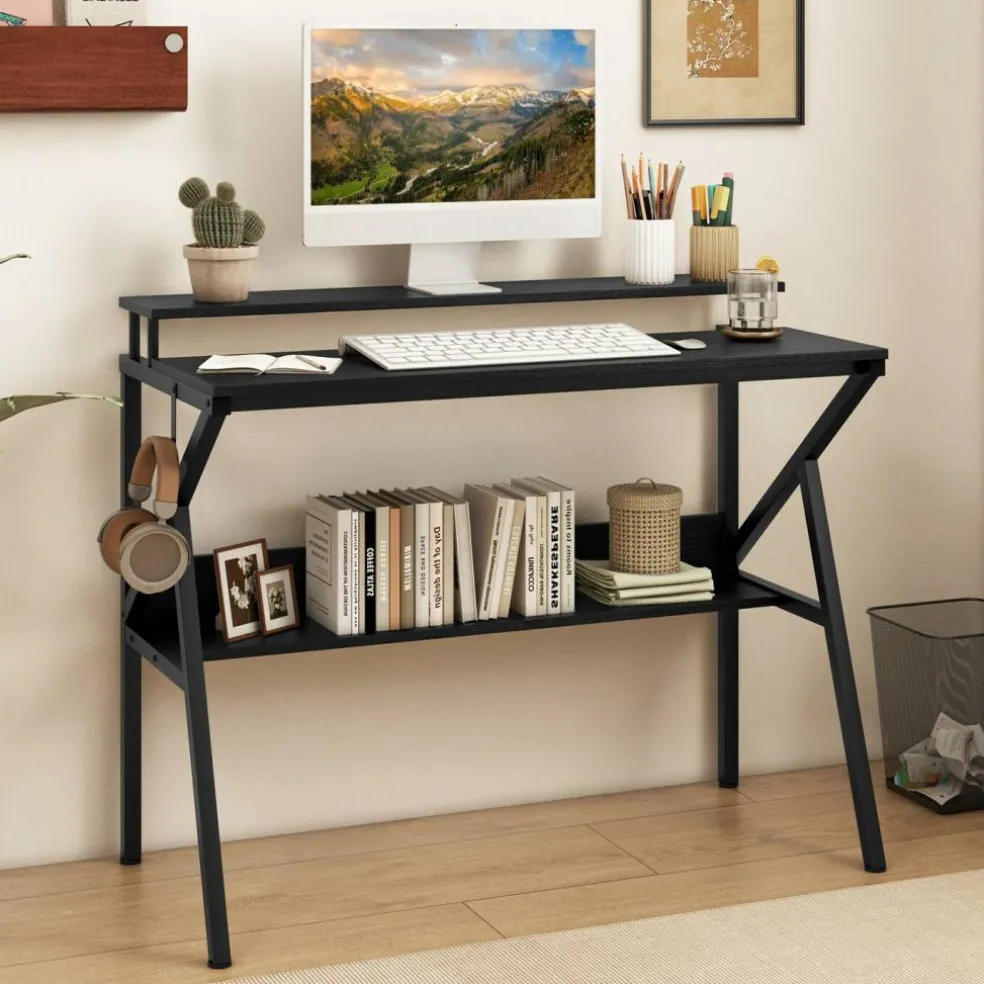Engineered Wood Computer Desk with Metal Frame and Shelves