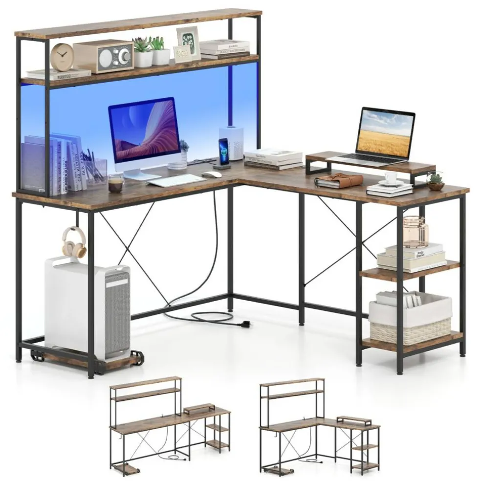 Engineered Wood L-Shaped Desk with LED Lights and Charging Ports